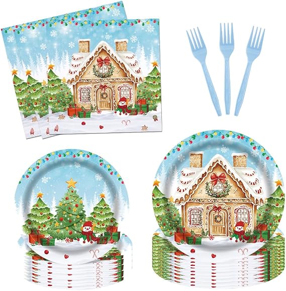 96Pcs Gingerbread House Party Tableware Supplies Merry Christmas Cartoon Candy House Snowman Plates and Napkins Christmas Trees Winter Wonderland Party Set Decorations Serve 24 Guests