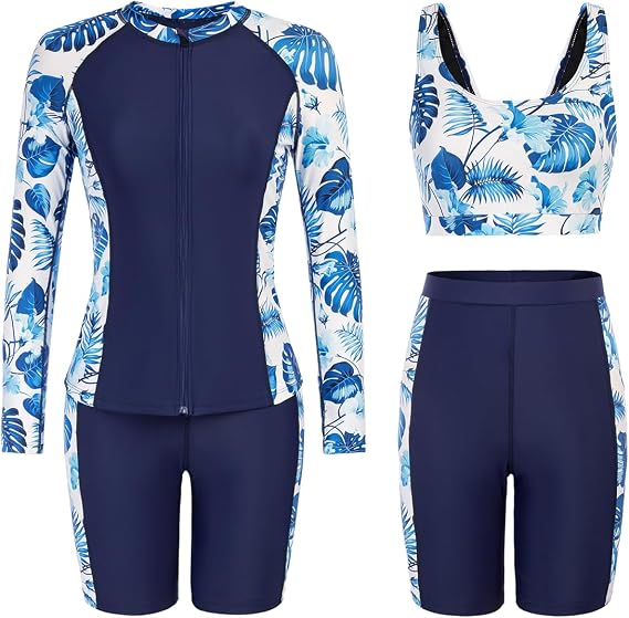 JACK SMITH Women's 3 Piece Long Sleeve Rash Guard Swimsuits Zip Front Bathing Suit Tankini Swimsuits UPF 50