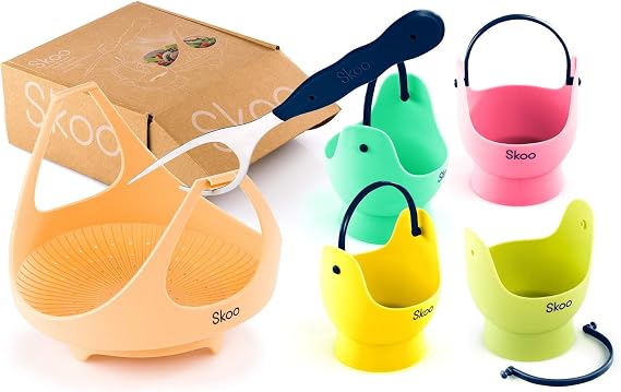 Egg Poacher - Skoo Silicone Egg Poaching Cups + Vegetable Steamer Basket + Fork + EBook - Egg Cooker and Food Steamer Set - Perfect Poached Egg Maker - For Stove Top, Microwave and Instant Pot