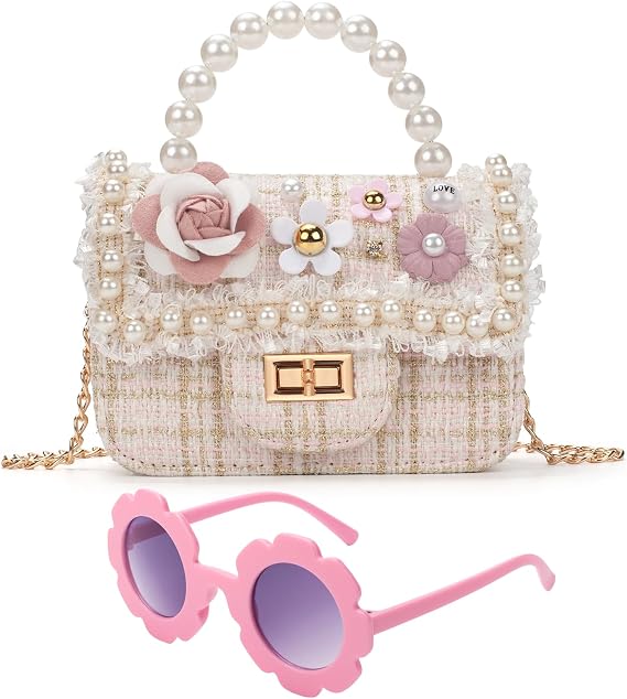 Toddler Purse, Little Girl Purse Kids Crossbody Bag with Flower Sunglasses, Cute Princess Handbag for Party, Birthday Gift