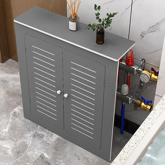 Radiator Cover, 3 Sides Heating Cabinet Shelf, PVC Radiator Cover Louvered Grill Shelf Cabinet, Heating Cover Storage Organizer Cabinet with 2 Doors, Grey(L70xH70xW25cm)