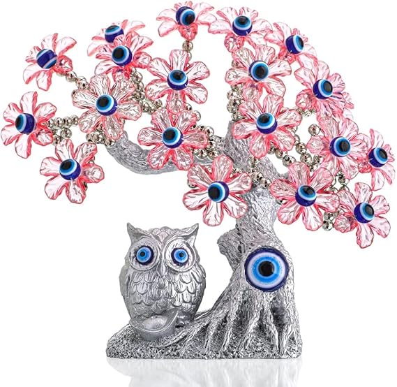 YU FENG 7.4'' Turkish Evil Eye Tree with Owl Figurine, Feng Shui Decor | Blue evil eye charm, pink flower tree design, lucky protection ornament, owl statue, home office decoration, blessing gift