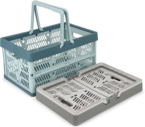 2-Pack Foldable Storage Baskets, 20L Collapsible Crates PP Grey+Blue