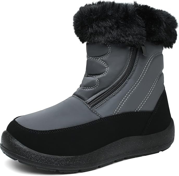Women's Fashion Winter Snow Boots Warm Outdoor Cold Weather Zipper Boot for Women Lightweight Fur Lined Non Slip (Grey, 6.5)