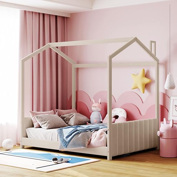 Deluxe House Bed Frame - Premium Pine Wood Construction with Unique Playhouse Design, Contemporary Velvet Upholstery, No Box Spring Needed, Easy Assembly (Beige,Full)