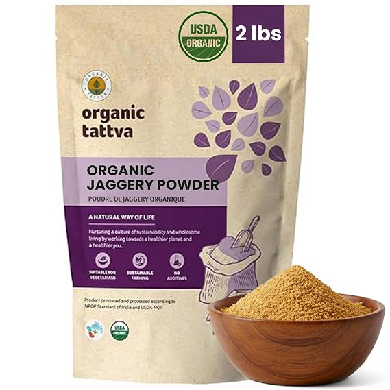Organic Tattva Jaggery Powder (2 lbs) - Unique Powdered Sugar Substitute - Traditional Indian Gur Powder - Indian Sweetener with Zero Additives - USDA Certified Organic Sugar Substitute