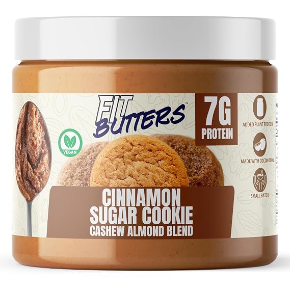 Fit Butters Cinnamon Sugar Cookie Cashew Almond Butter Vegan Spread - Added Protein and Coconut Oil, Low Carb, Low Sugar, Gluten Free, Complete Protein Dessert Flavored Nut Butter