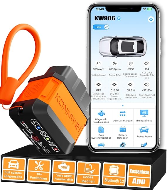 KONNWEI KW906 OBD2 Diagnostic Device Bluetooth 5.2 Car Error Code Reader & OBDII/EOBD Scanner Check Engine Reset Real-time Engine Data Speed RPM Compatible with iOS & Android