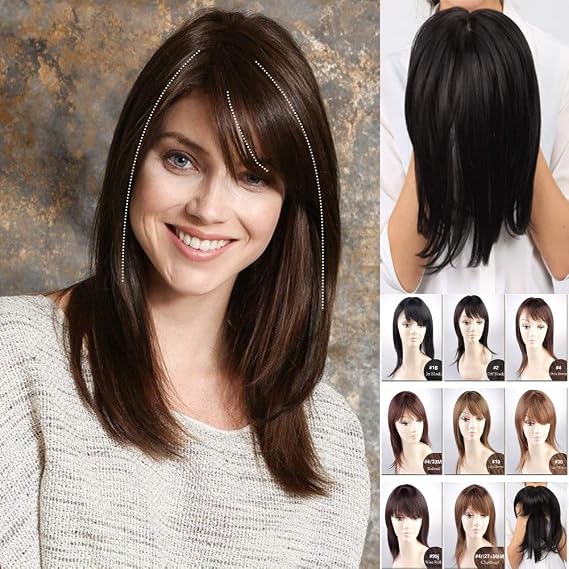 Side-Part Straight Topper Clip in Forehead Hairpiece with Bangs for Women with Thin Hair 10# Light Brown