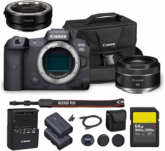 Canon EOS R5 Mirrorless Camera with RF 50mm Lens f/1.8 & Adapter Bundle | For Hybrid Creators | 45MP Full-Frame Sensor 8K Video | Dual Pixel AF | Includes Adapter EF-EOS R (4147C002) + More