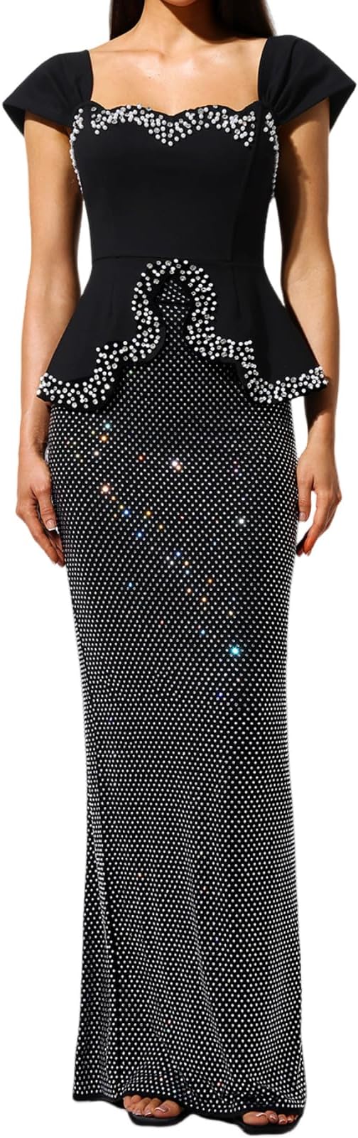 BELLA BARNETT Black Square Neck Short Sleeve Crystal Encrusted Peplum Pencil Dress Trimmed Mesh Maxi Bodycon Homecoming Dress