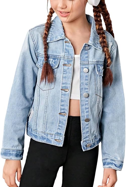 WDIRARA Girl's Ripped Flap Pocket Button Front Long Sleeve Collared Denim Jacket