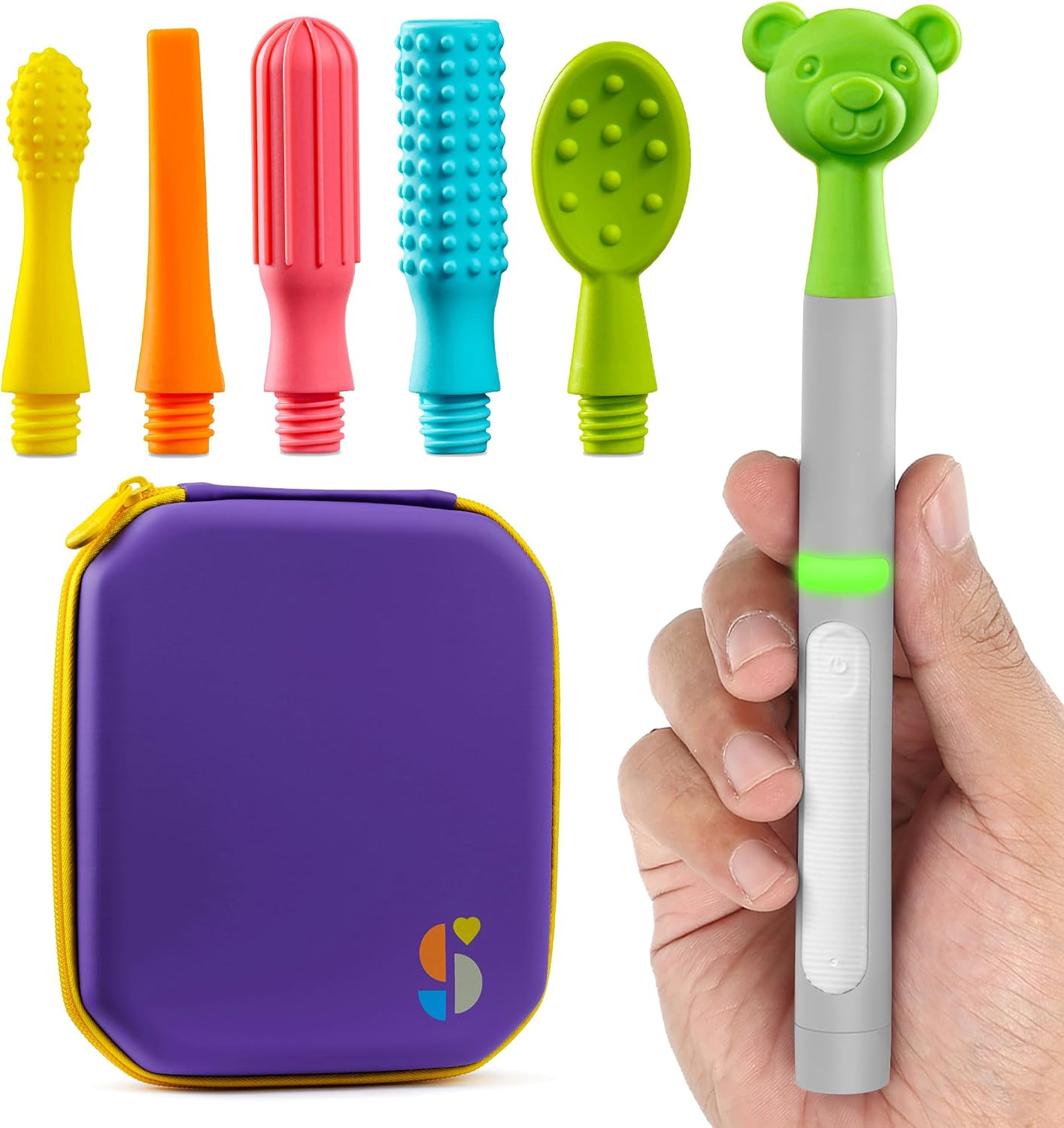 Special Supplies Buzz Buddy Oral Stimulation kit with 6 Soft Textured Interchangeable Heads, Calm Sensory Needs, Support Speech, and Stimulate Self Feeding, Gentle Vibrations Grey