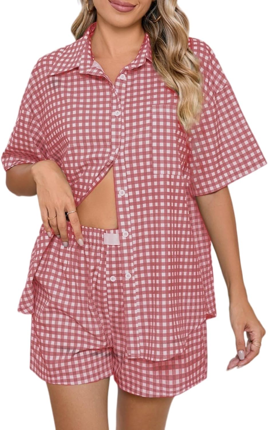 Xixiuly Womens Plaid Pajamas Set Button Down Short Sleeve Top Shirts Wide Leg Shorts Sleepwear Nightwear Matching Pjs Sets
