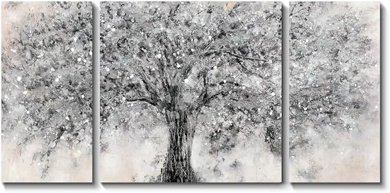 TAR TAR STUDIO Abstract Tree Canvas Wall Art: Sliver Gray Maple Blossom Artwork Picture Painting on Canvas for Living Room (Overall 48" W x 24" H, Multiple Sizes/Color)