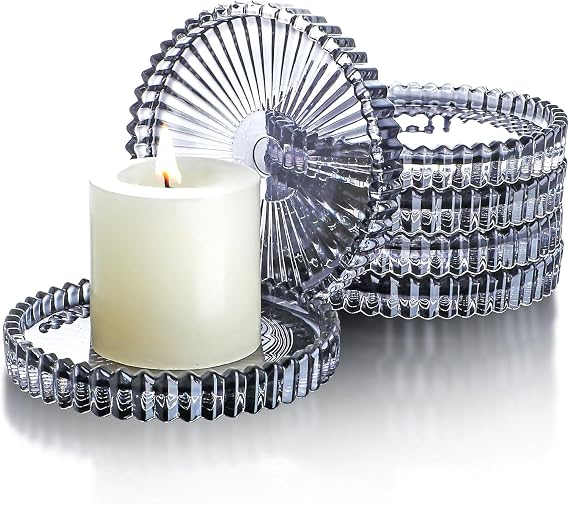 6 PCS Glass Pillar Candle Holder Plates, Black Crystal Candle Dish