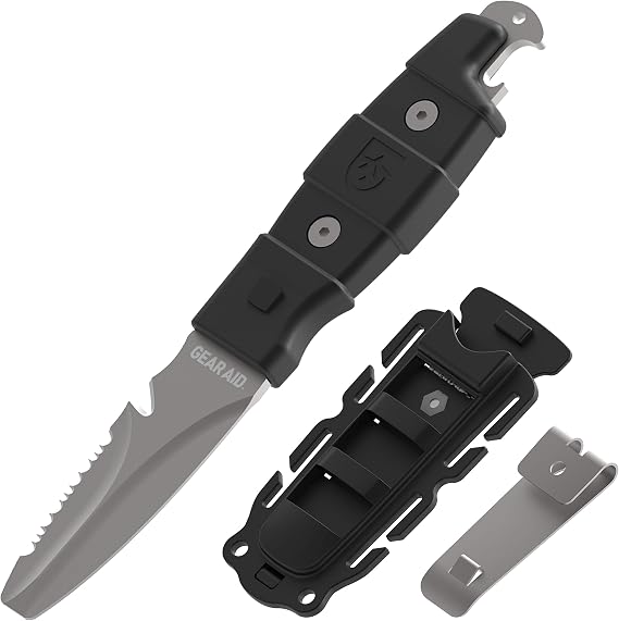 GEAR AID Akua Blunt Tip Paddle Knife with Serrated Blade and Quick Release Sheath, Titanium-Coated 3 Blade