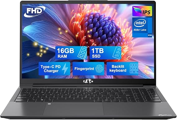 NIMO 15.6 IPS FHD-Laptop, 16GB RAM 1TB SSD Intel Pentium Quad Core N100, Computer with Backlit Keyboard Fingerprint (Beat to i3-1115G4 Up to 3.4GHz) Laptops for Student, Win 11 Gray
