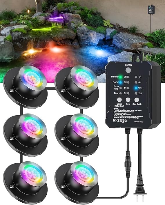 HIBOITEC LED Pond Lights, RGB Underwater Fountain Light with 12V Timer Transformer, Photocell Light Sensor, IP68 Waterproof Outdoor Underwater Lights for Outdoor Ponds Garden, 6 Pack