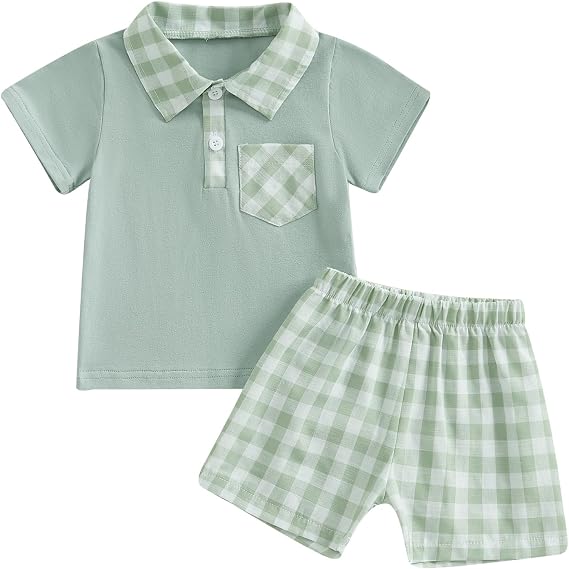 Toddler Boy Summer Clothes Button Lapel Collar T-Shirt & Casual Shorts Cotton Line 2Pcs Outfits