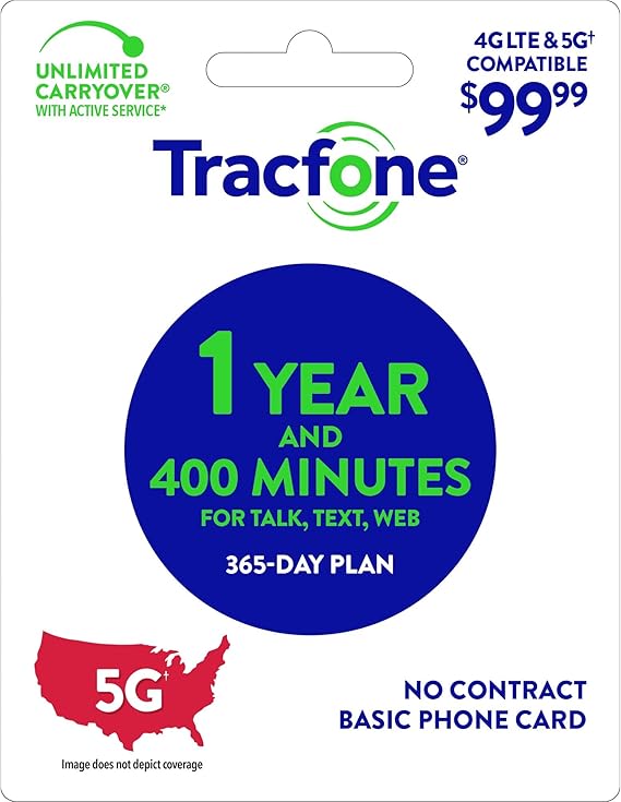 Tracfone $99.99 Annual Prepaid Card: 400 Talk Minutes  365 Service Days Basic Phones Only [Physical Card]
