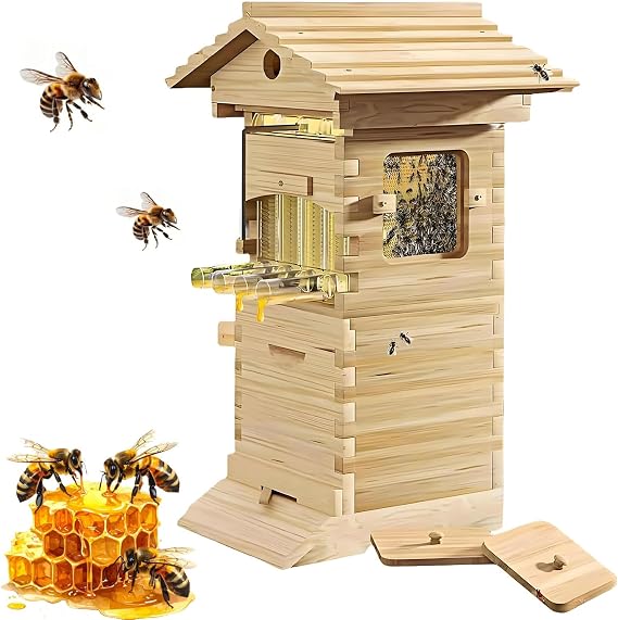 Beehive Starter Kit, Self-Flow Hive Beehive Starter Kit, Complete Bee Box with Observation Window & Honey Spout, Automatic Honey Harvesting for Garden Pollinators