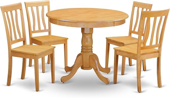 East West Furniture ANTI5-OAK-W 5 Piece Dining Room Table Set Includes a Round Wooden Table with Pedestal and 4 Kitchen Dining Chairs, 36x36 Inch, Oak