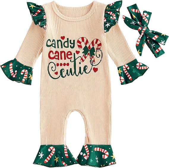 Newborn Baby Girl Christmas Clothes Ruffle Letter Print Bell Bottom Jumpsuit Romper with Headband Fall Winter Outfit