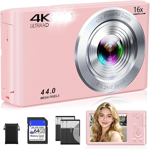 Digital Camera,Upgraded FHD 4K Pink Digital Camera for Teens Girls,Compact Digital Cameras with 64GB Memory Card,2 Batteries,Small Camera with 16X Autofocus Digital Zoom for Vlogging
