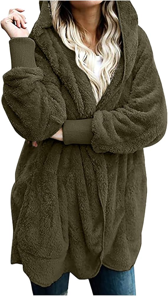 Women Oversized Hooded Sherpa Cardigan Fuzzy Fleece Jacket Winter Open Front Fleece Coat Outwear with Pockets