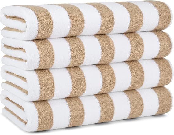 Arkwright Cali Cabana Stripe Beach Towel - Pack of 4, Soft Quick Dry 100% Cotton Terry Towels Set for Pool, Swim, and Hot Tub, 30 x 60 in, Beige