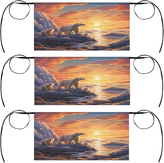 3 Pack Server Apron Animal Polar Bear Canadian Arctic Sunset Waitress Aprons with 3 Pockets Oil Stain Resistant Short Waiter Waist Aprons for Women Men Restaurant Cafes Bars Home