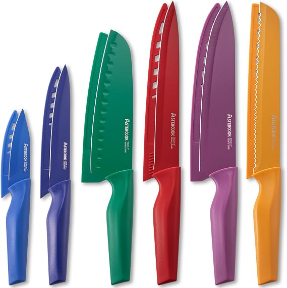 Astercook 6 Piece Color-Coded Kitchen Knife Set, Stainless Steel Chef Knives with 6 Anti-Rust Coating Blades and Blade Guards, Dishwasher Safe