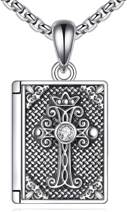 Bible Necklace 925 Sterling Silver Openable Book Pendant Cross Religious Jewelry Gift for Women Men