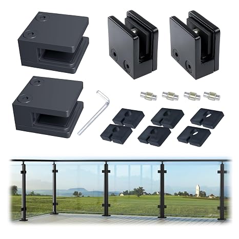 Muzata 4Pack Black Square Glass Clamp with Rubber Gaskets GA04 BP4 | Adjustable Design for 5/16"-1/2"(8-12mm) Thickness Glass, 1 3/4"1 3/4" Glass Shelf Bracket, T304 Stainless Steel, Heavy Duty