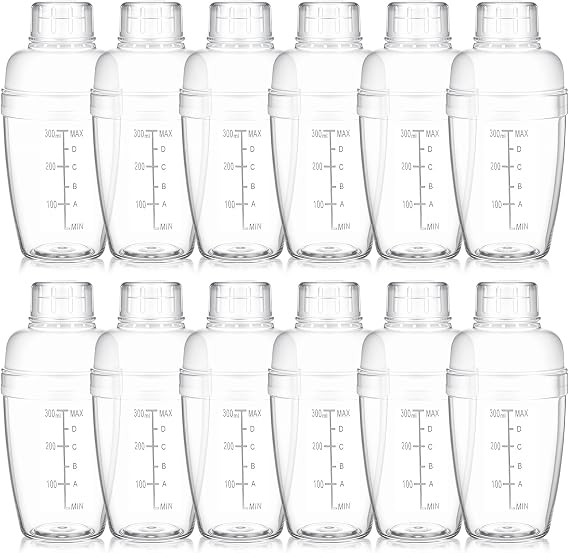 12 Pcs Plastic Cocktail Shaker Drink Mixer with Scales and Strainer Top Clear Shaker Cup with Measurement Plastic Bar Mixing Tool for Tea Coffee Bubble Tea Milk(350 Cc/ 12 oz) 