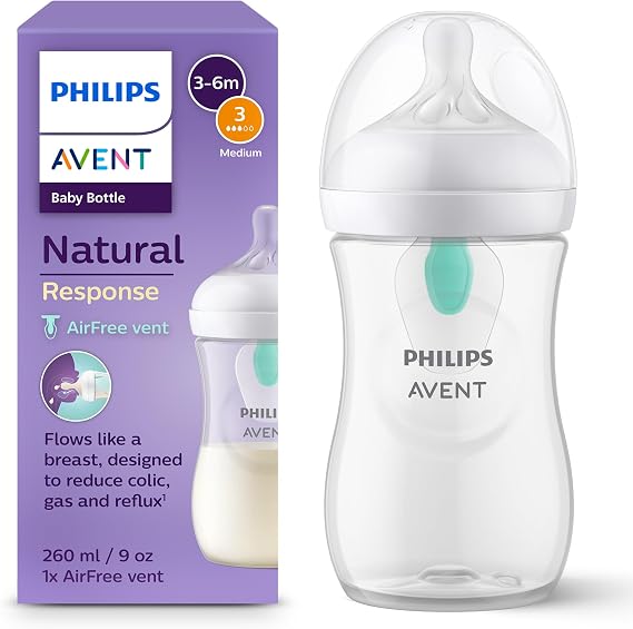 Philips Avent Biberón Natural Response: biberón de 260 ml con sistema AirFree, sin BPA, para recién nacidos a partir de 1 mes (modelo SCY673/01)