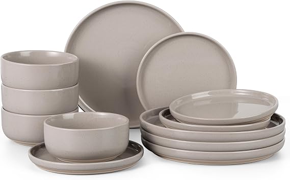 HaWare Dinnerware Sets, 12-Piece Plates and Bowls Set for 4, Cream Coffee