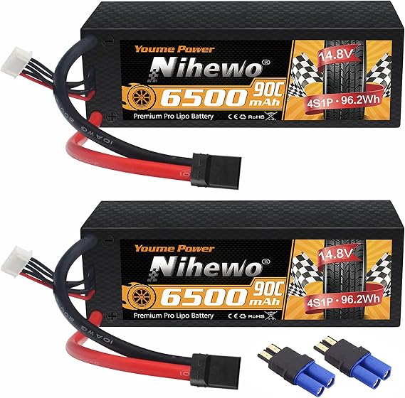 Niehwo 4S Lipo Battery 14.8V 6500mAh 90C Hard Case EC5 2Pcs for RC Car Boat