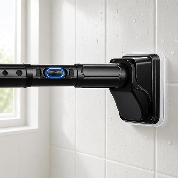 JILRON Black Shower Curtain Rod 32-96in(2.66-8ft)×2,No Drill Curtain Rods,for Window,Shower Tension Bar-1.26" dia,One-Click Stretch Design, Upgraded Anti-Slip Pads