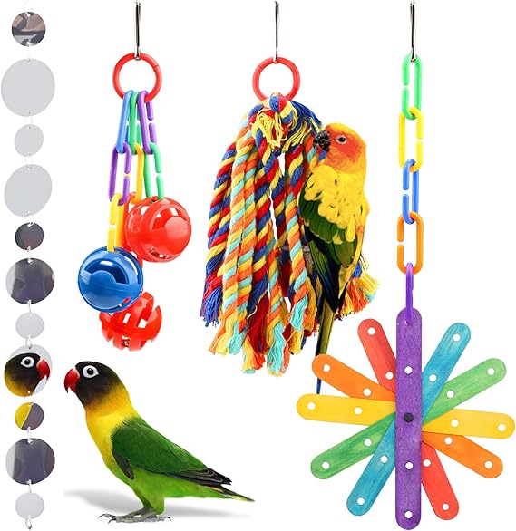 QUOZUO Small Bird Toys Parakeet Cage Accessories, Parakeet Toys, Swing Hanging Standing Chewing Toy, Bird Toys for Parakeets, Cockatiel, Parrot, 4pcs