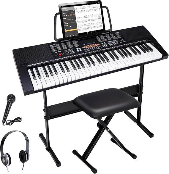 ZENY 61-Key Portable Electric Keyboard Piano with Built In Speakers, LED Screen, Headphones, Microphone, Piano Stand, Music Sheet Stand and Stool