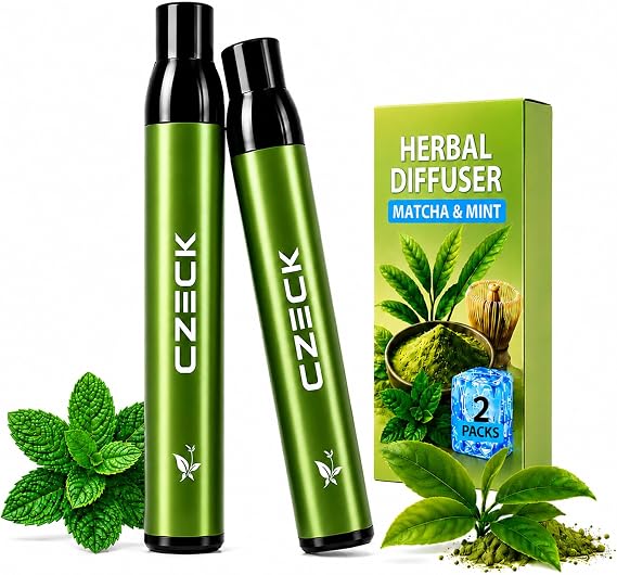 Herbal Diffuser Pen 2 Pack, Mint Matcha Green Tea Non-Electric Aroma Stick | For Adult Daily Use, Portable for Desk Breaks, Travel, Home, Gym and On-the-Go, PCTG Tip, Stainless Steel Tube, 600 Uses