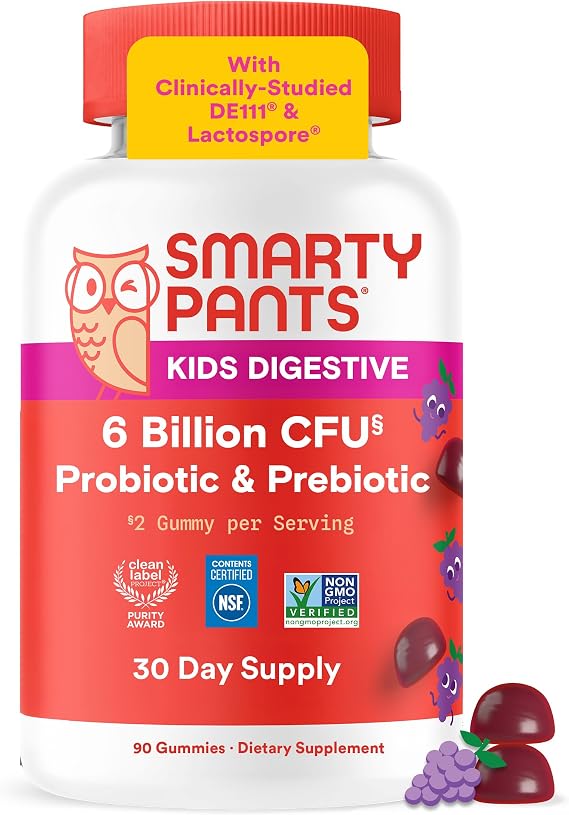 SmartyPants Kids Probiotic & Prebiotic Gummies for Digestive Health: Gut Health Supplement, Clinically Studied Prebiotic for Immune Support, Grape, 60 Count (30 Day Supply)