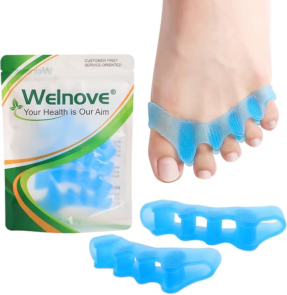 Welnove Toe Separators Spacers for Women - 4 Pack Gel Toe Straightener to Correct Bunions and Relieve Foot Pain - Silicone Toe Spacers for Toe Overlapping Yoga Practice, Non-Slip Design, Blue