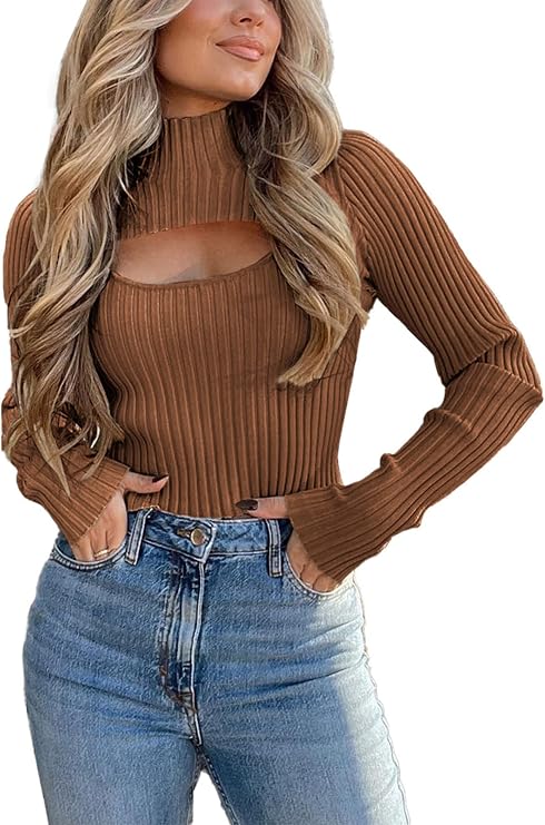 PRETTYGARDEN Women's 2025 Fashion Fall Clothes 2 Piece Cutout Tops Long Sleeve Mock Neck Rib Knit Winter Pullover Sweater