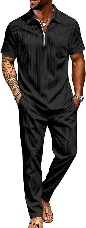 Mens Summer Beach Outfits 2 Piece Casual Quarter Zip Short Sleeve Vertical Stripe Shirt and Loose Pants Set