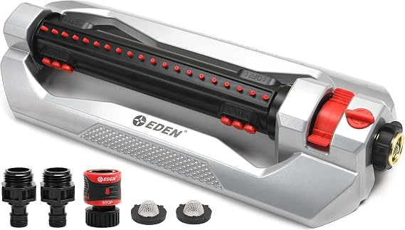 Eden 96216 Heavy Duty Turbo Oscillating Sprinkler, Covers Up to 4,900 sq. ft., 20 Precision Nozzles, Aluminum Base, Flow and Width Control, Adjustable Range, Quick Connects, Filters