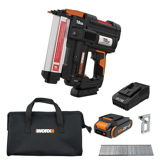 WORX Cordless Brad Nailer, 20V 18GA Nail Gun, WX842L | Up to 2-in Nails and Tool-Free Jam Release for Trimming, Molding and Baseboards, Battery and Charger Included, PowerShare