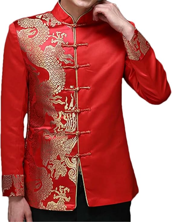Traditional Chinese Men Red Wedding Coat Stand Collar Tunic Suit Jacket Golden Dragon Bridegroom Coat Mens